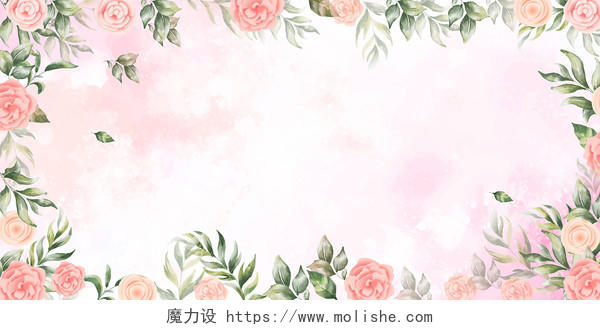 粉色花朵绿叶唯美花边框鲜花背景展板背景